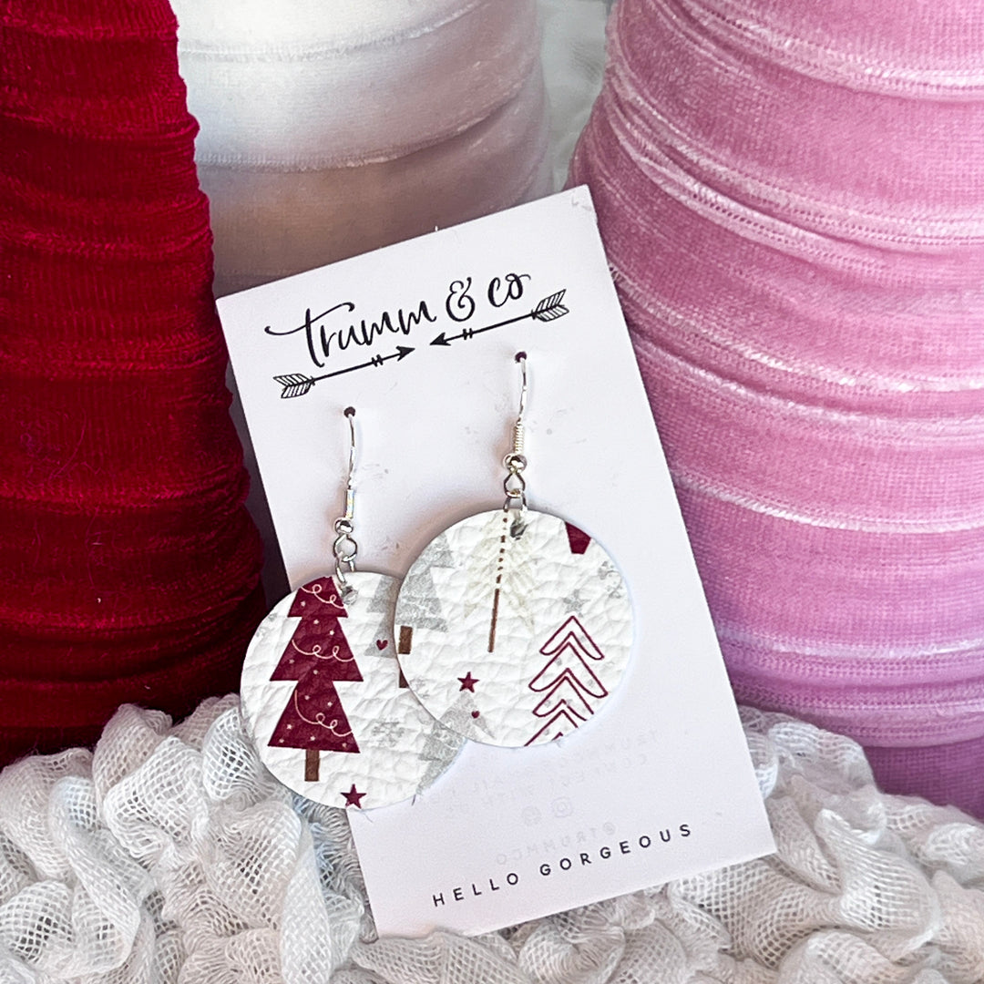 White Cowhide Leather Christmas Tree Earrings-Festive Leather Holiday Jewelry