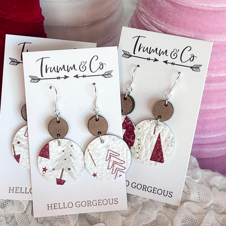 White Cowhide Leather Christmas Tree Earrings-Festive Leather Holiday Jewelry