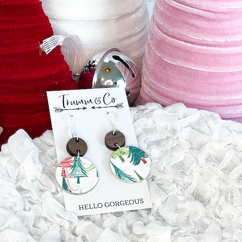 Festive Tree dangle earrings with wood connectors