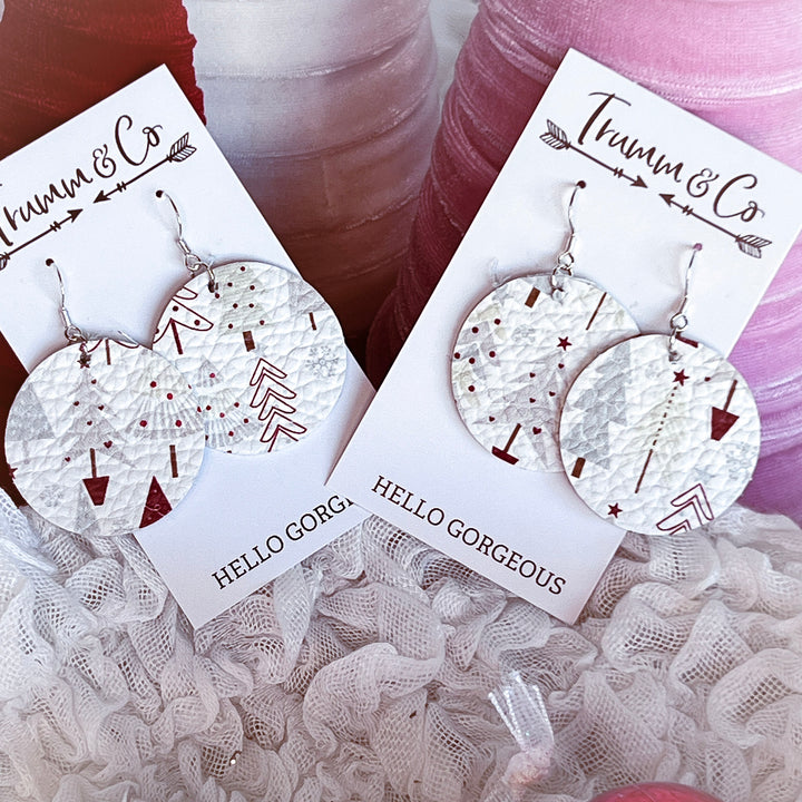 White Cowhide Leather Christmas Tree Earrings-Festive Leather Holiday Jewelry