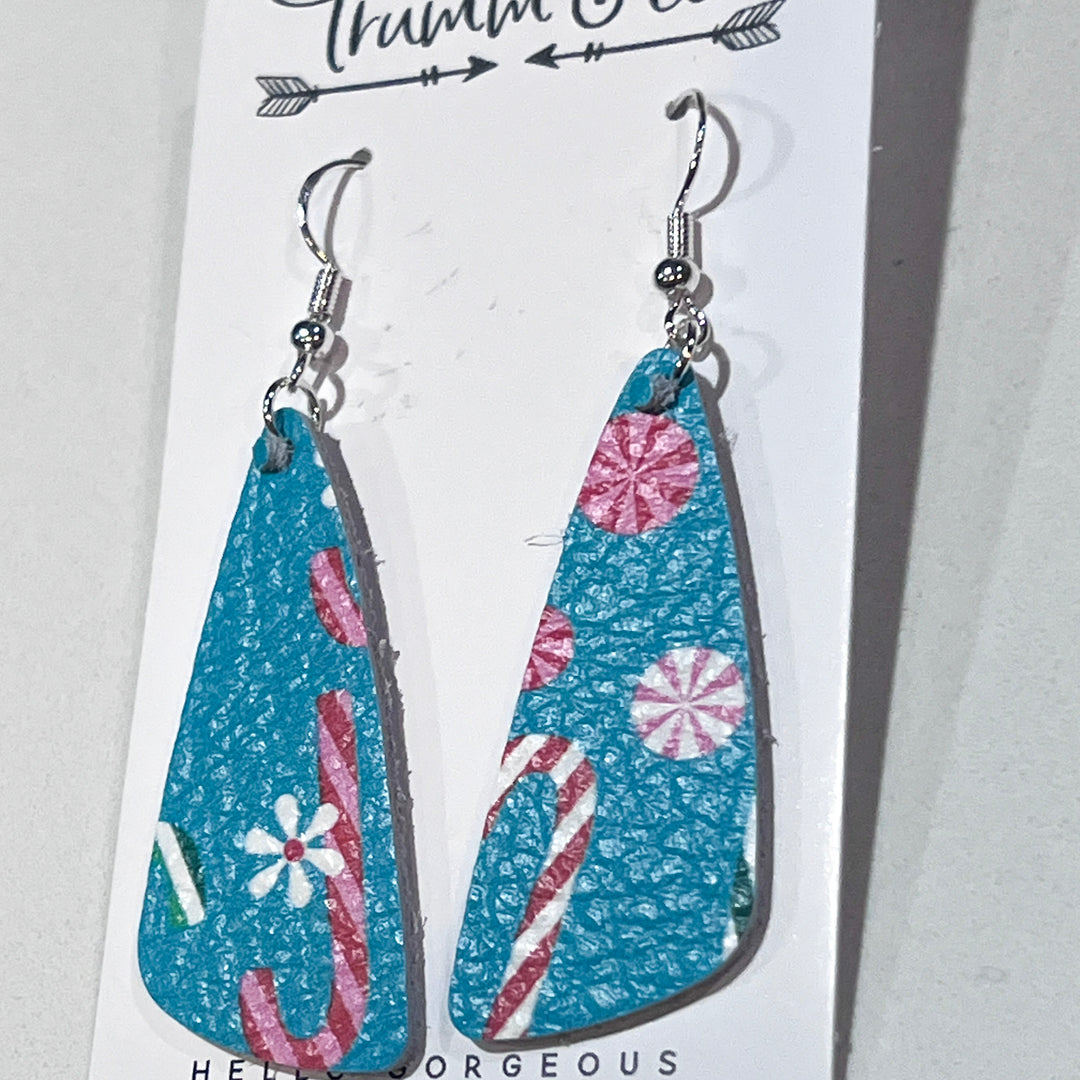 close up of festive candy cane blizzard leather open circle earring on Trumm & Co earring card