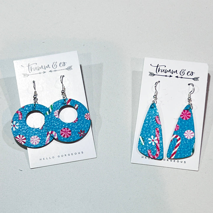 Festive leather earrings, round and angle bar