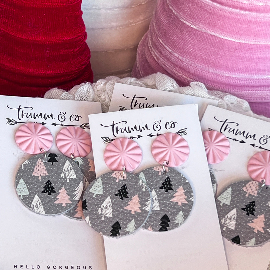 PInk, grey, black, white holiday tree earrings