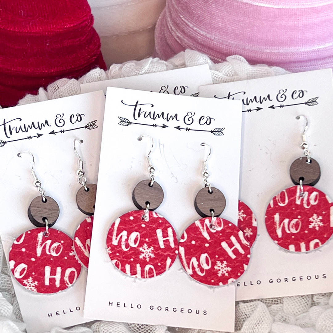 Ho ho red leather earrings with a wood accent