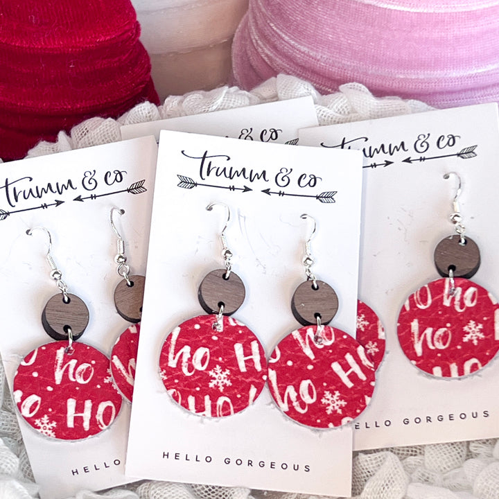 Ho ho red leather earrings with a wood accent