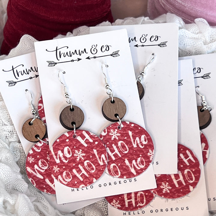 Red leather Ho ho white lettering earrings