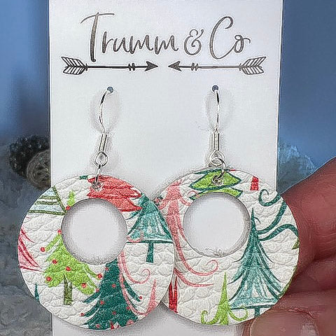 Open Circle Earrings, leather, holiday trees