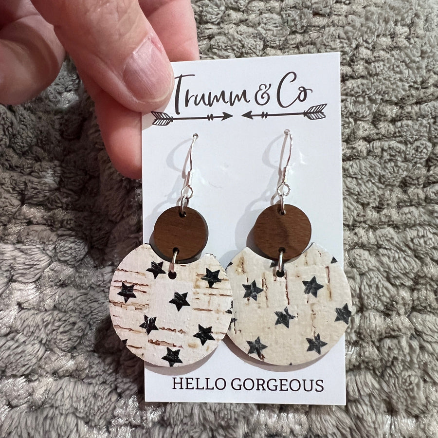 Distressed white cork with dark blue stars and wood connector earrings, lightweight